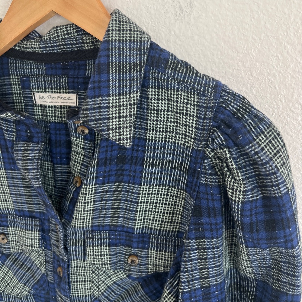 FREE PEOPLE blue sun city plaid puff sleeve top grunge preppy / size XS - Picture 7 of 8